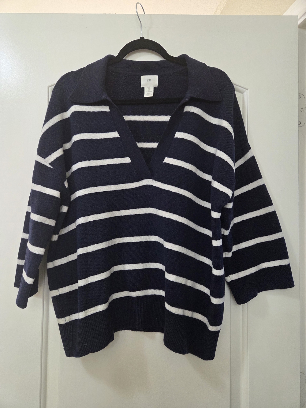 H&M Navy and White Striped Collared V-Neck Sweater - Women's